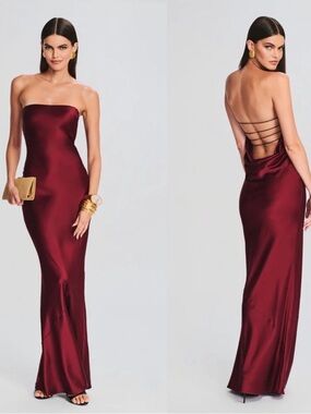 NWT RETROFETE | Keaton Strapless Maxi Silk Chiffon Maroon Cabernet